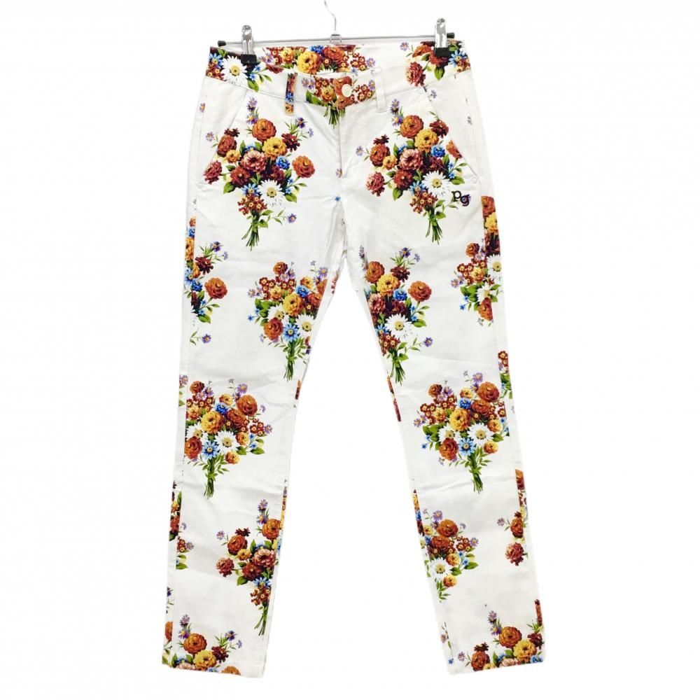 超美品】パーリーゲイツ パンツ 白×レッド系 花束柄 ストレッチ