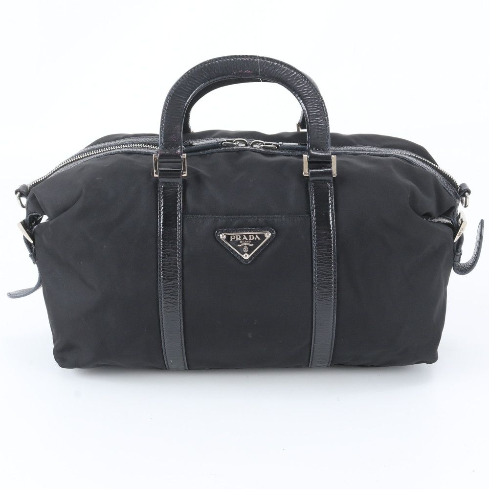 美品□プラダ ナイロン×レザー ショルダーバッグ 三角ロゴ ブラック 