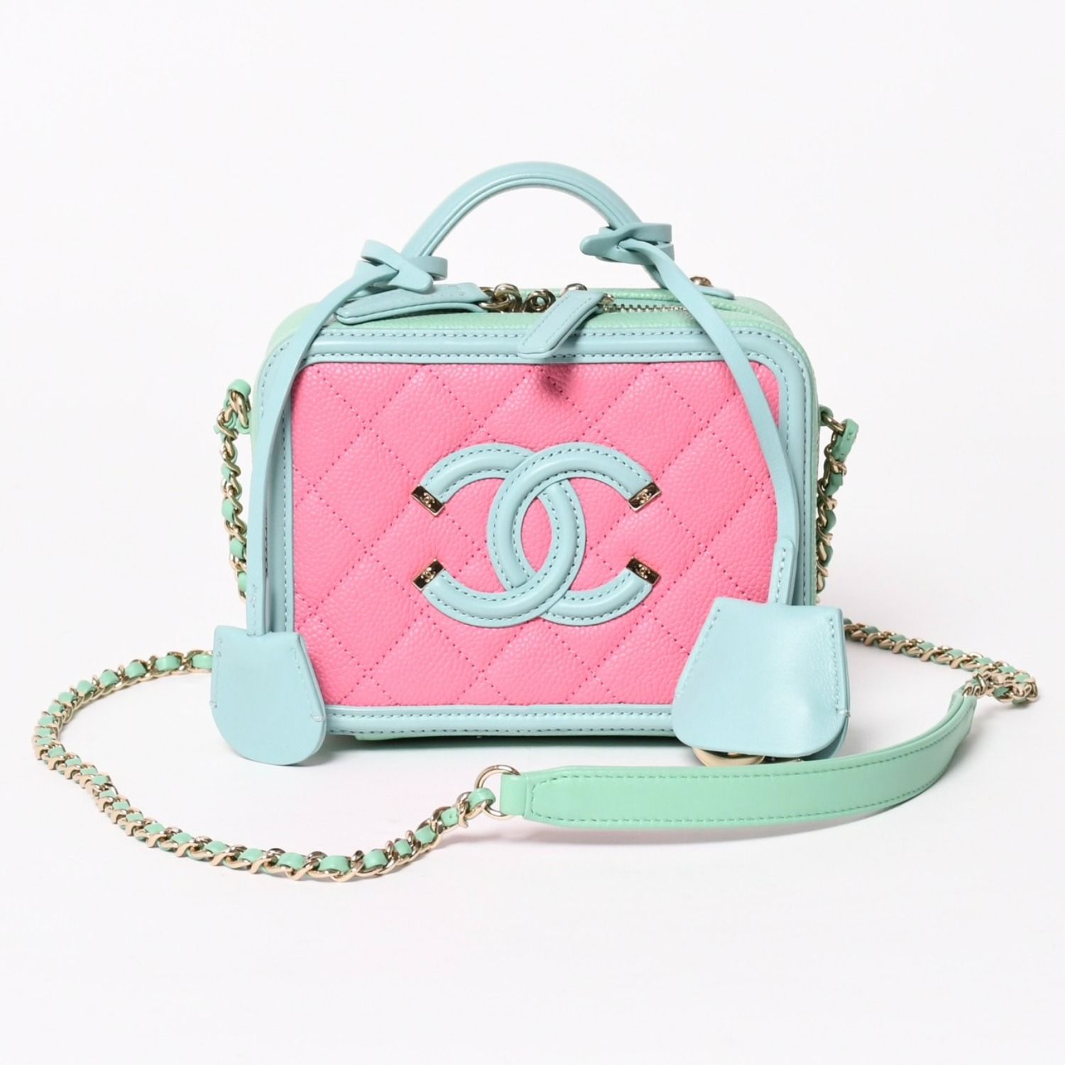 新品同様 CHANEL シャネル CCフィリグリー バニティバッグ 26番台 ココマーク キャビアスキン ピンク ミントグリーン ピンク 中古 4a005678