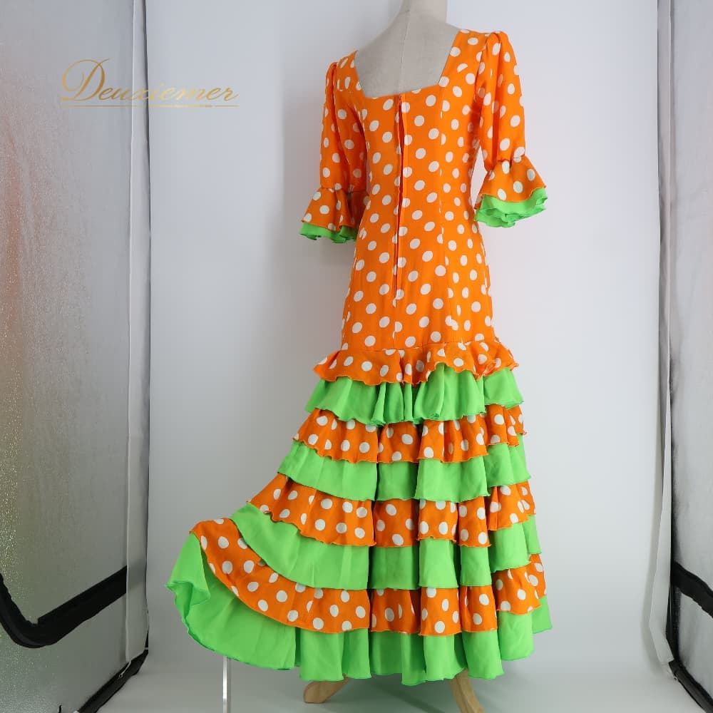 フラメンコ 衣装 ドレス ワンピース オレンジ系 ボランテ フリル 水玉