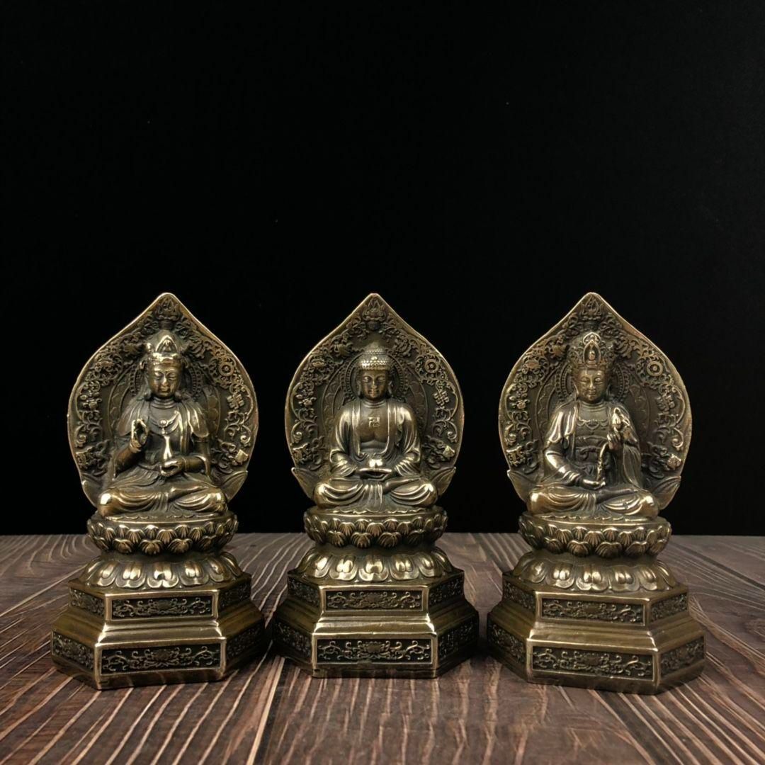 仏教美術 西方三聖坐像 地蔵 菩薩 観音 銅製 仏像 彫刻 置物 開運 風水