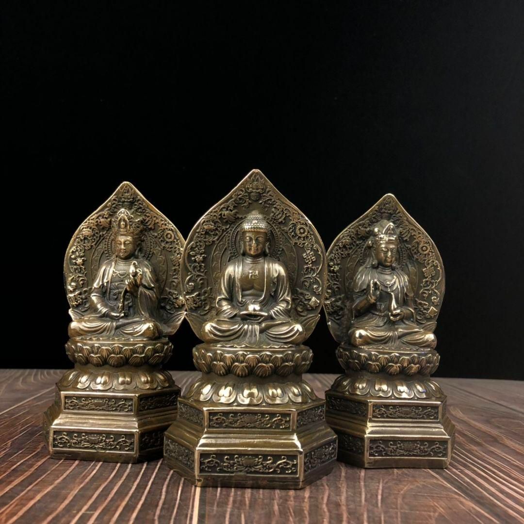 仏教美術 西方三聖坐像 地蔵 菩薩 観音 銅製 仏像 彫刻 置物 開運 風水
