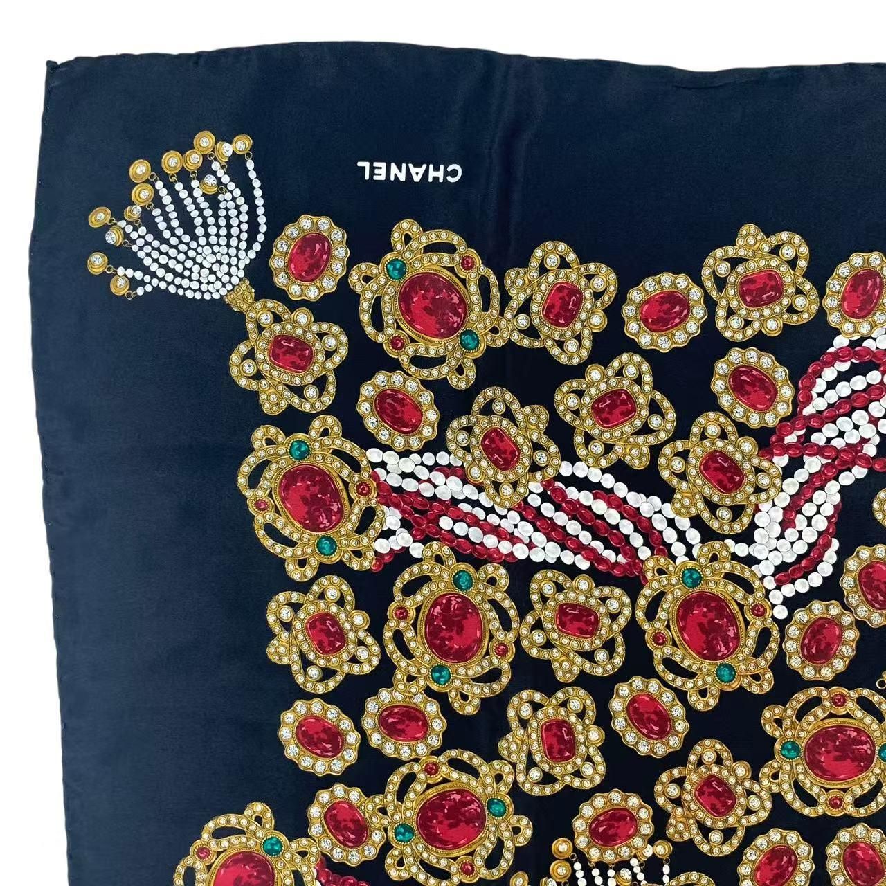 美品 CHANEL シャネル スカーフ シルク ジュエリー柄 ブラック X