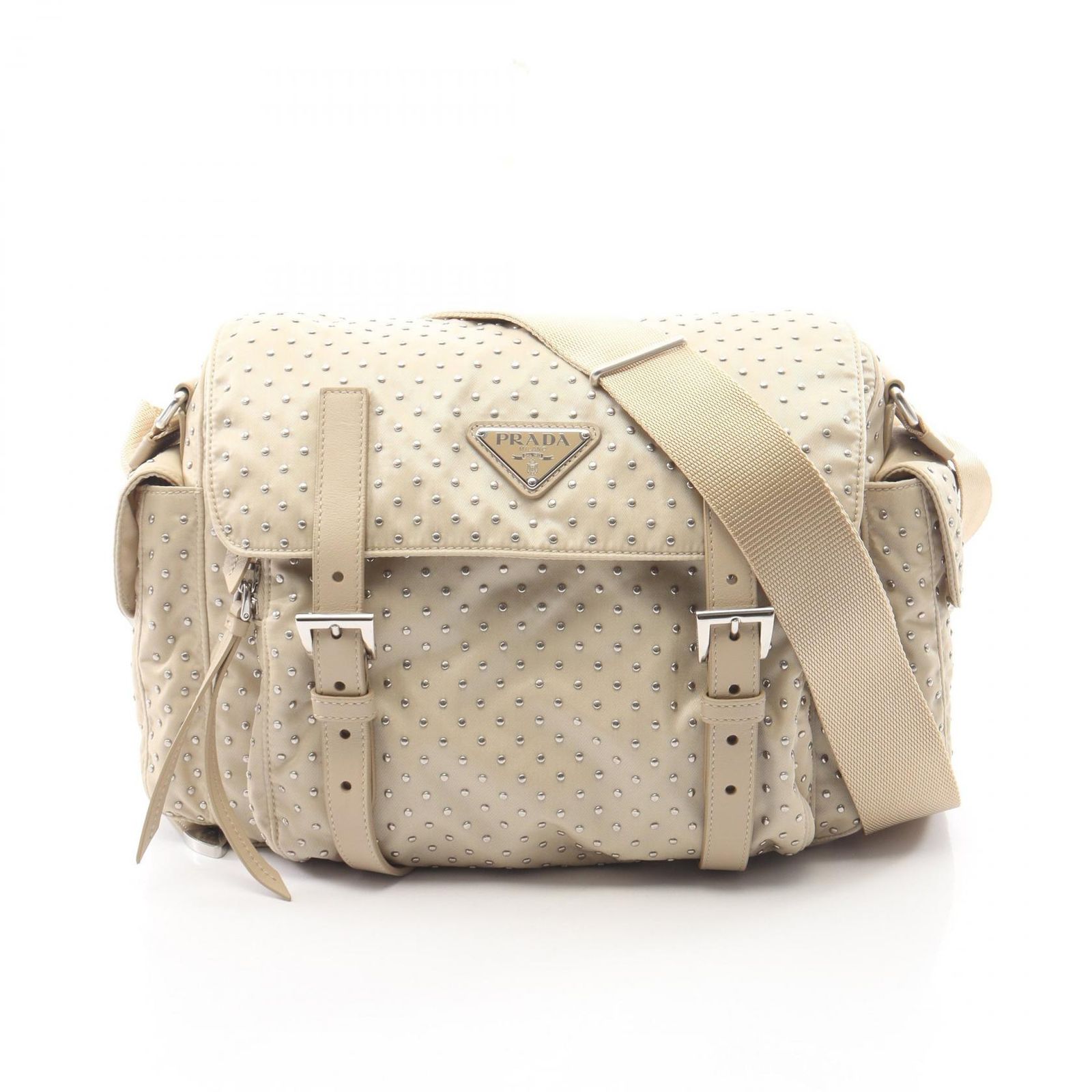 プラダ PRADA ショルダーバッグ Re-Nylon スタッズ ベージュ ナイロン レザー トライアングルロゴ スタッズ ショルダーバッグ レディース Used A