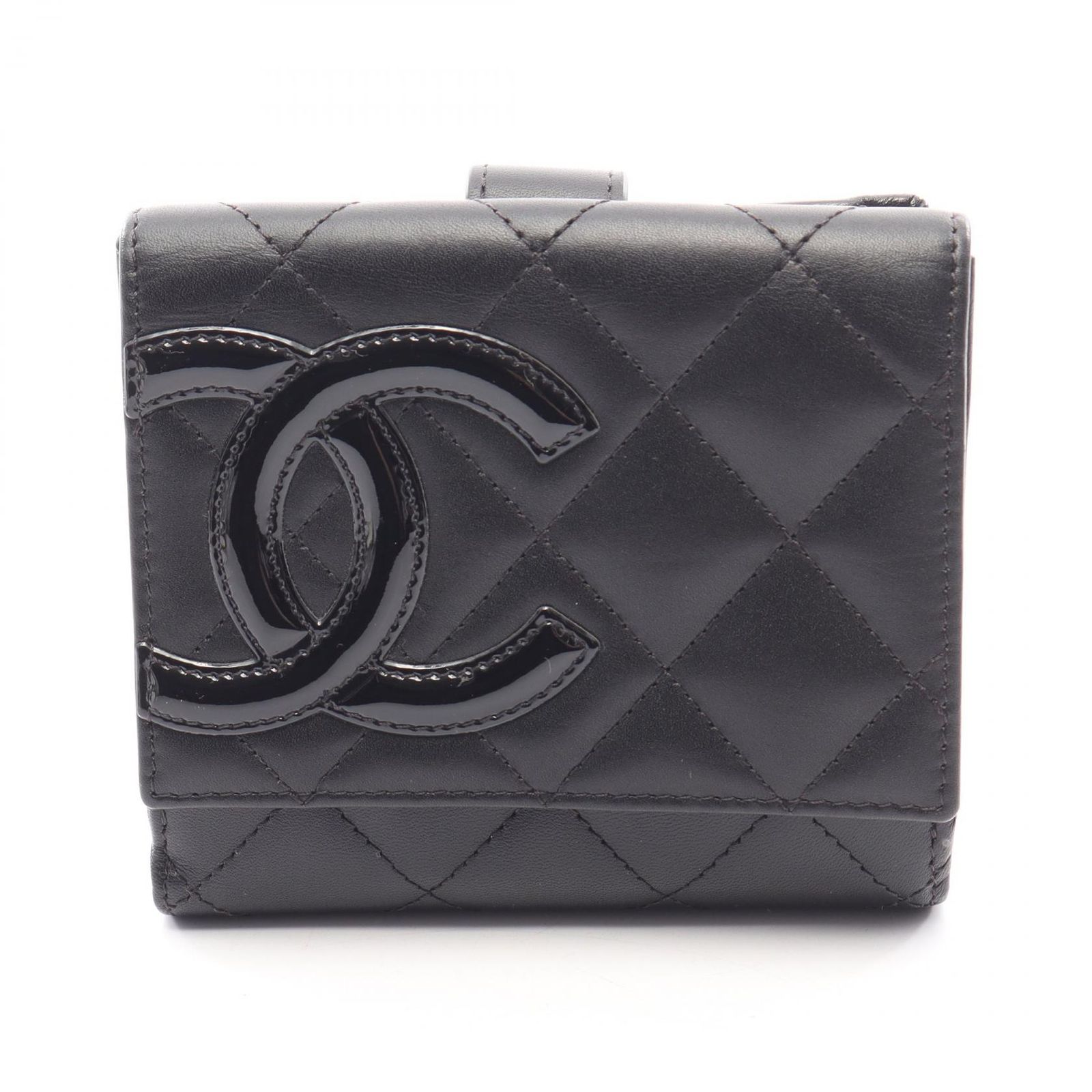 シャネル CHANEL Wホック財布 カンボンライン ブラック/ブラックエナメル レザー エナメル カンボン Wホック財布 レディース Used A