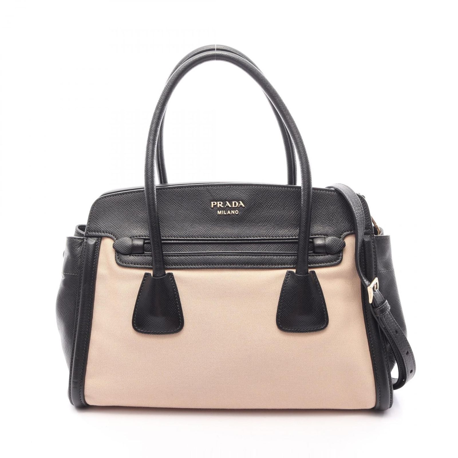 プラダ PRADA ハンドバッグ ロゴ 2WAY ベージュ/ブラック キャンバス サフィアーノレザー 2wayトート レディース Used B
