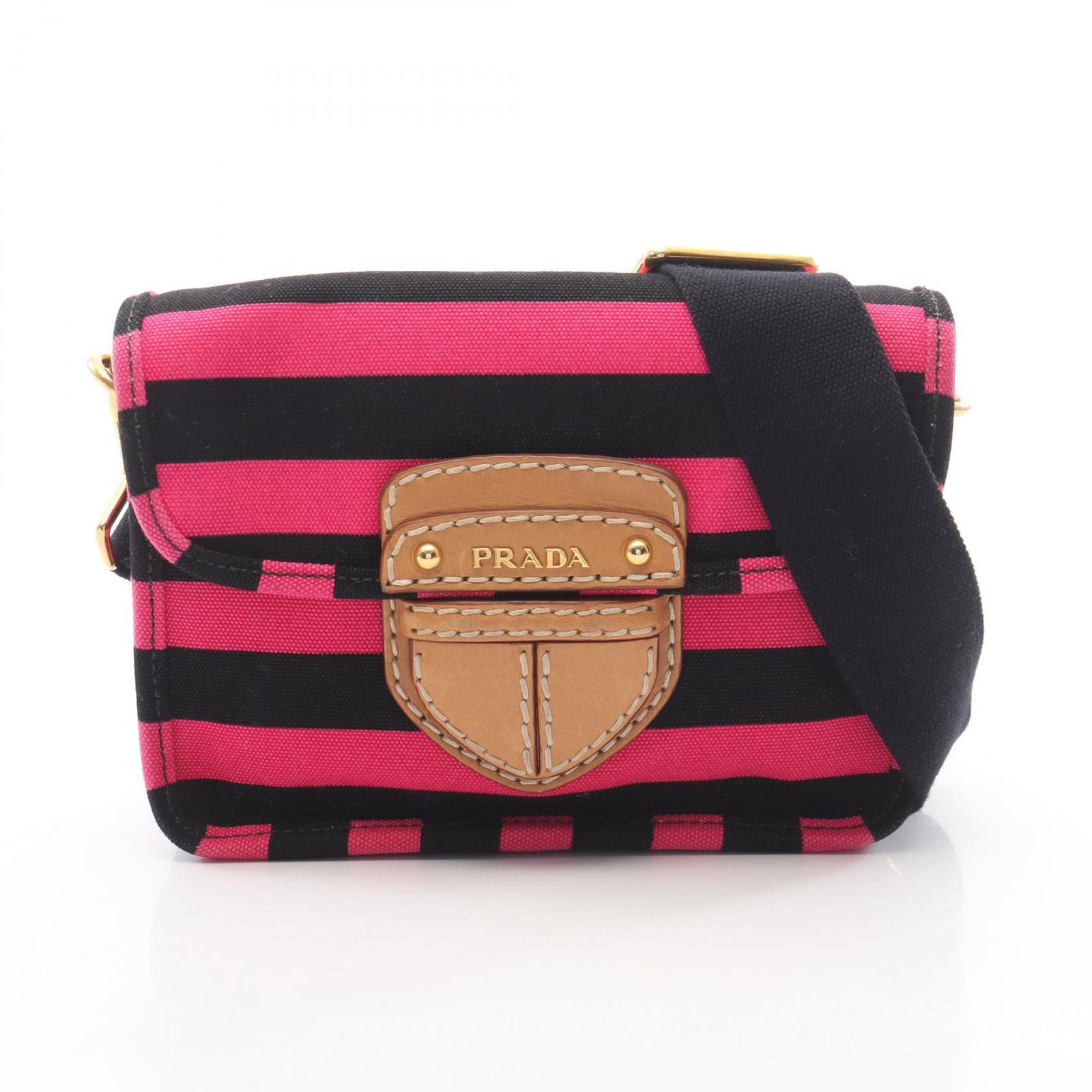 プラダ PRADA ショルダーバッグ カナパ リゲ ピンク/ブラック キャンバス レザー カナパ リゲ ショルダーバッグ レディース Used B