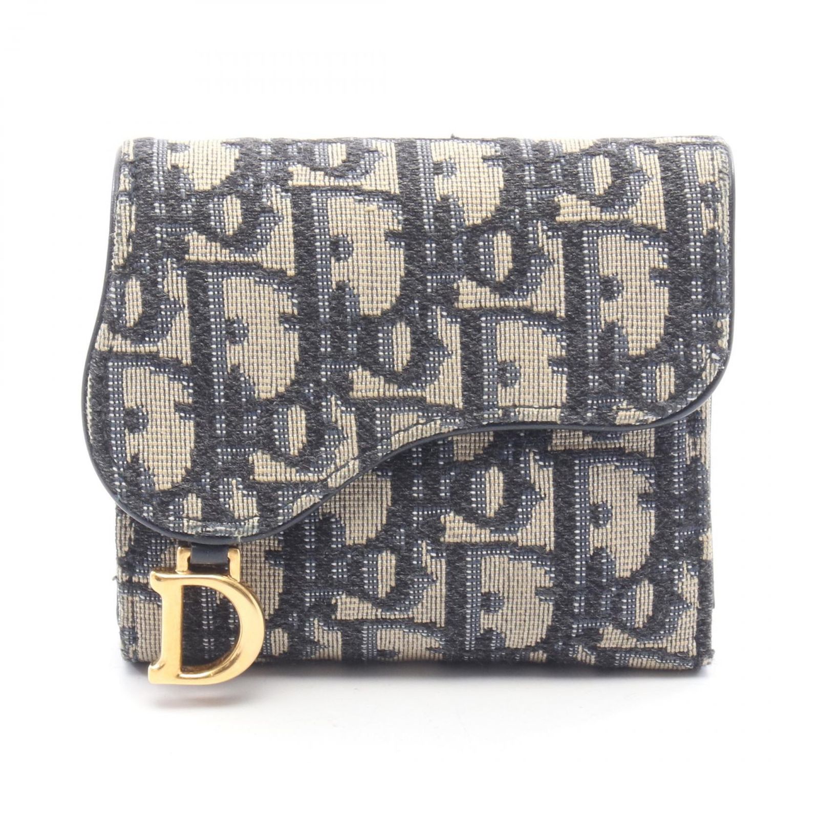 ディオール Dior 三つ折り財布 SADDLE サドル オブリーク ネイビー/アイボリー キャンバス レザー オブリーク サドル 三つ折財布 レディース Used B