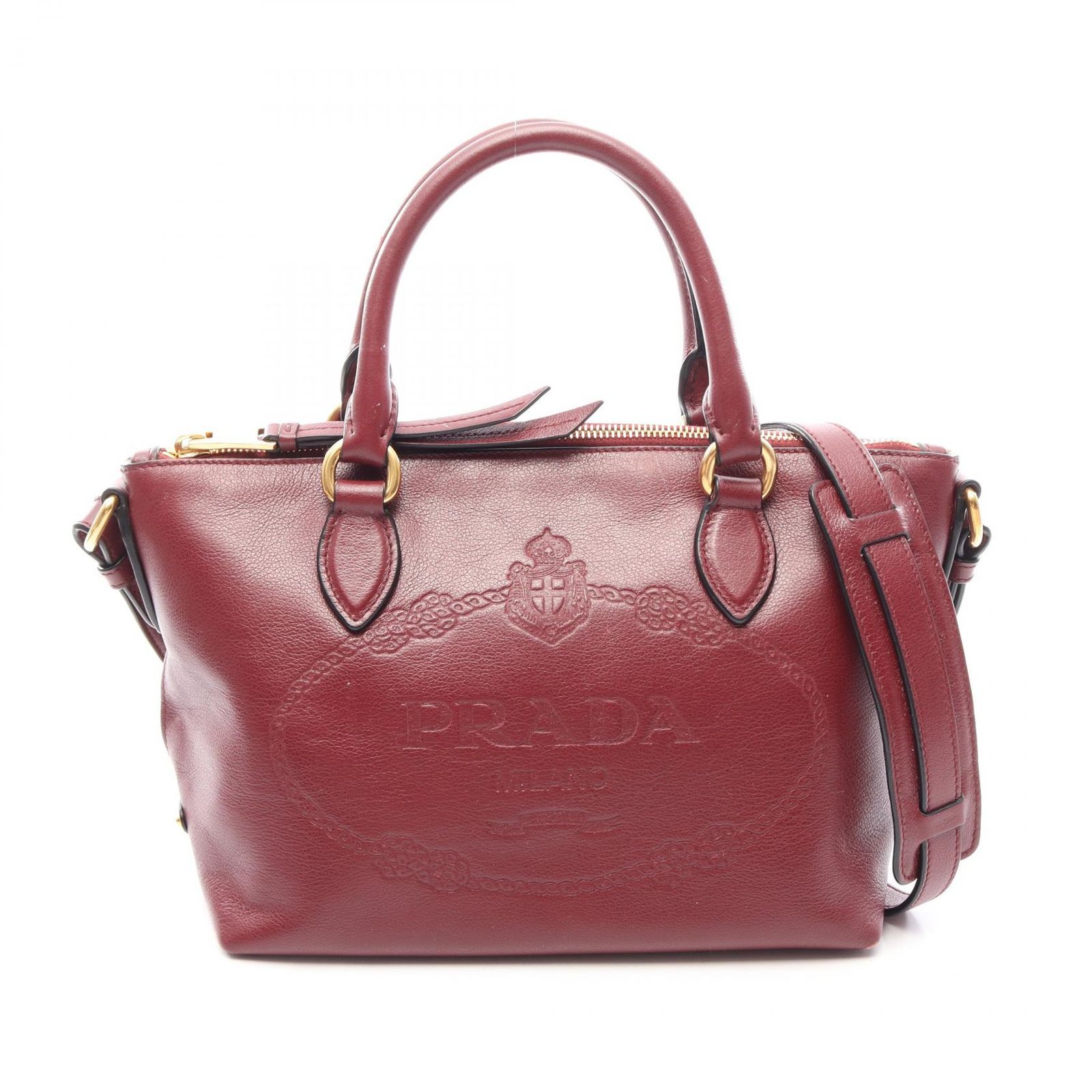 プラダ PRADA ハンドバッグ 2WAY ワインレッド レザー ロゴエンボス 2wayハンドバッグ レディース Used B