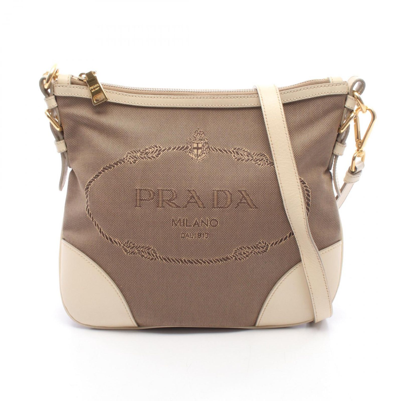プラダ PRADA ショルダーバッグ LOGO JACQUARD ロゴジャガード BT0867 ベージュ/オフホワイト キャンバス レザー ロゴジャガード ショルダーバッグ レディース Used B