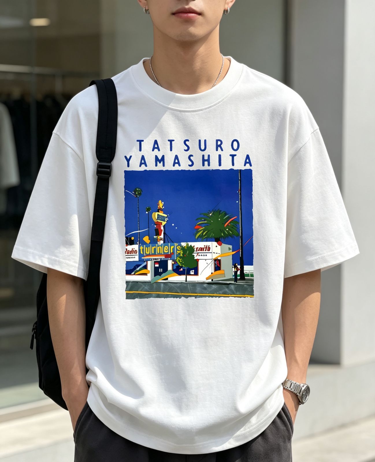 山下達郎 TATSURO YAMASHITA 西海岸風都市イラストプリント T シャツ
