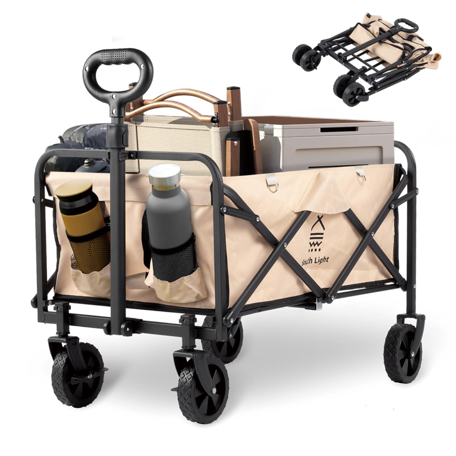 SAITOU キャリーワゴン 折り畳み アウトドアワゴン 大容量 58L 耐荷重80kg キャンプカート ミニ キャリーカート コンパクト 軽量 キャンピングカート 前輪360°回転 4輪 ワンタッチ収束式 アウトドアキャリー 組立簡単 収納 f8acb9ee