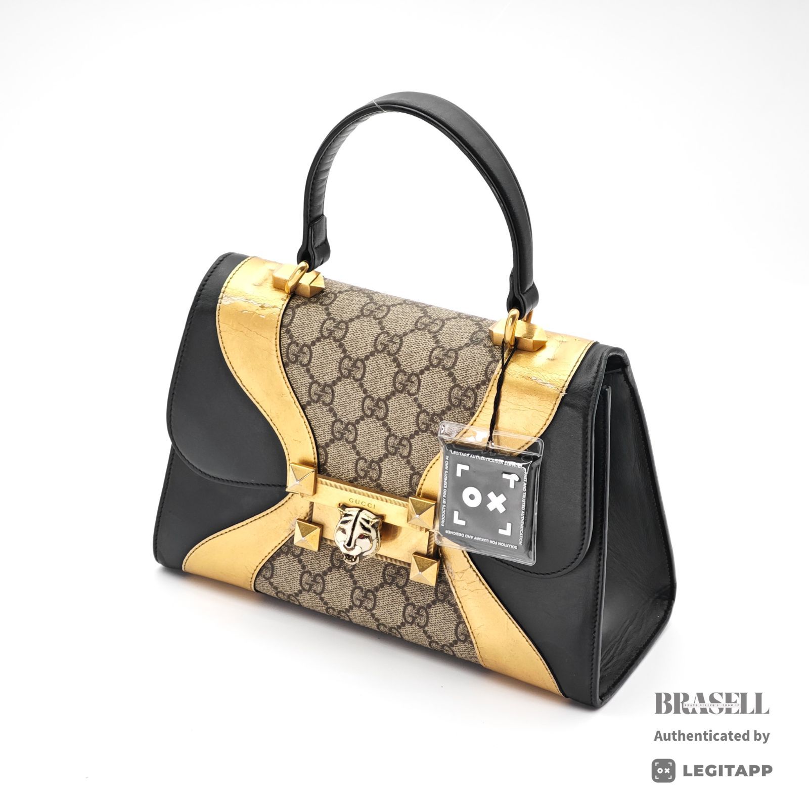 GUCCI タイガーヘッド ハンドバッグ 497996 バッグ ハンドバッグ おしゃれ 個性的 ブラック×ゴールド×ベージュ レディース