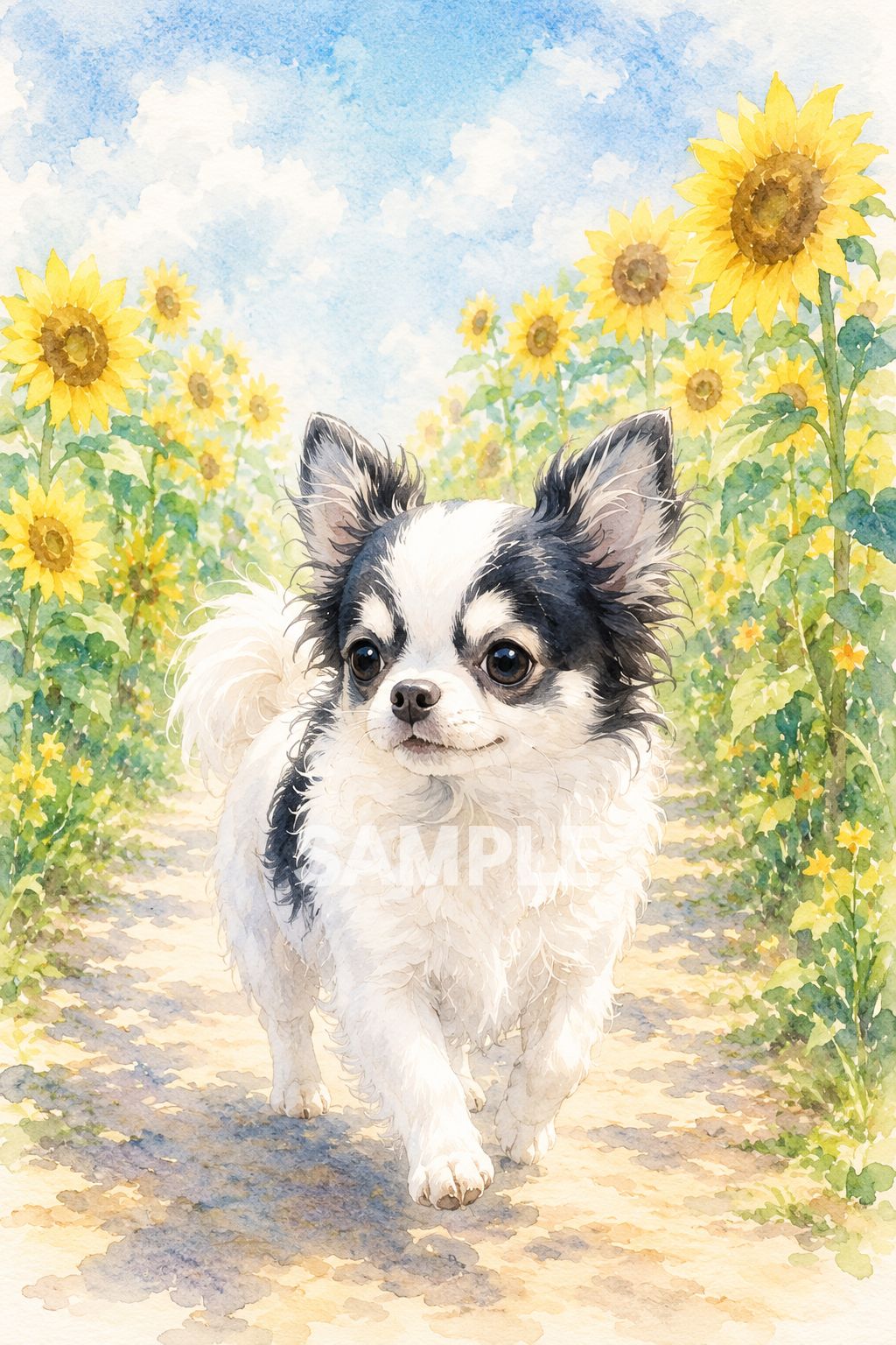 ✨特別価格【原画】『ジョルジュ西へ』（チワワ　パステル画　動物画　風景画） 795 【2Lサイズ】ひまわり畑をお散歩するチワワ 水彩画風アート