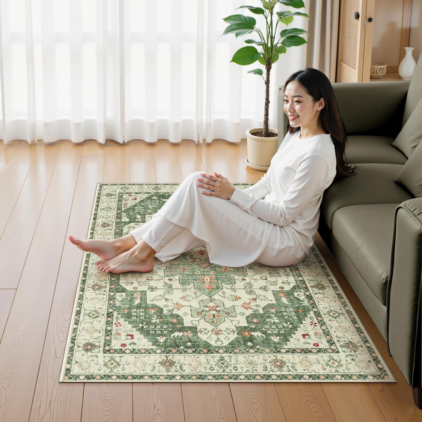 ペルシャ風 花柄 ブルー 洗えるラグ オールシーズン快適 防音 薄手