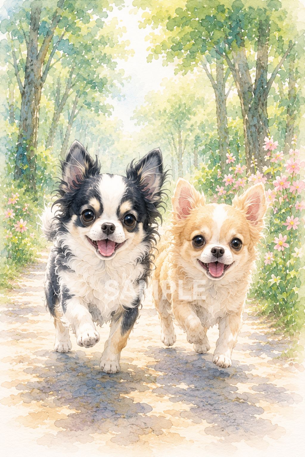 796 【2Lサイズ】仲良しチワワ 水彩画風アート ポスター 犬 インテリア
