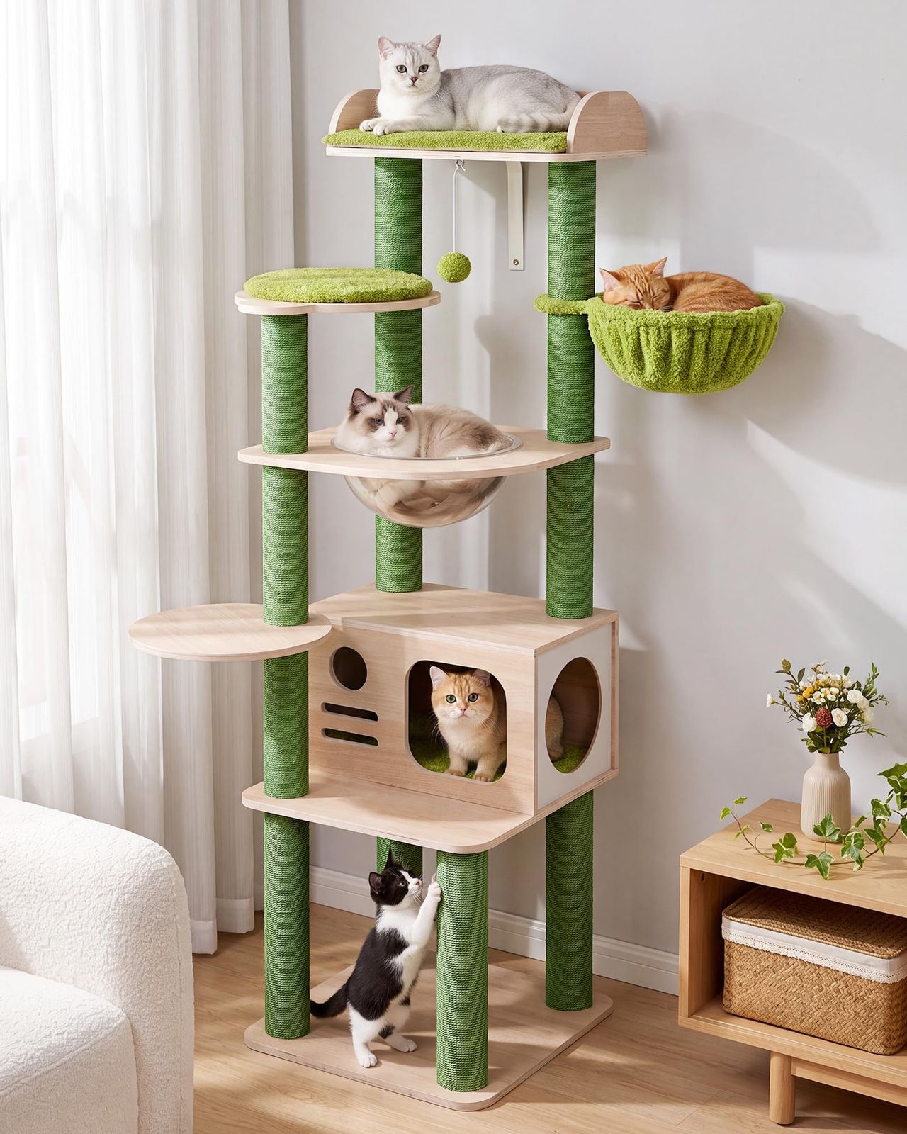 Globlazer キャットタワー 木製 高さ164cm 多頭飼い 大型猫対応 付き