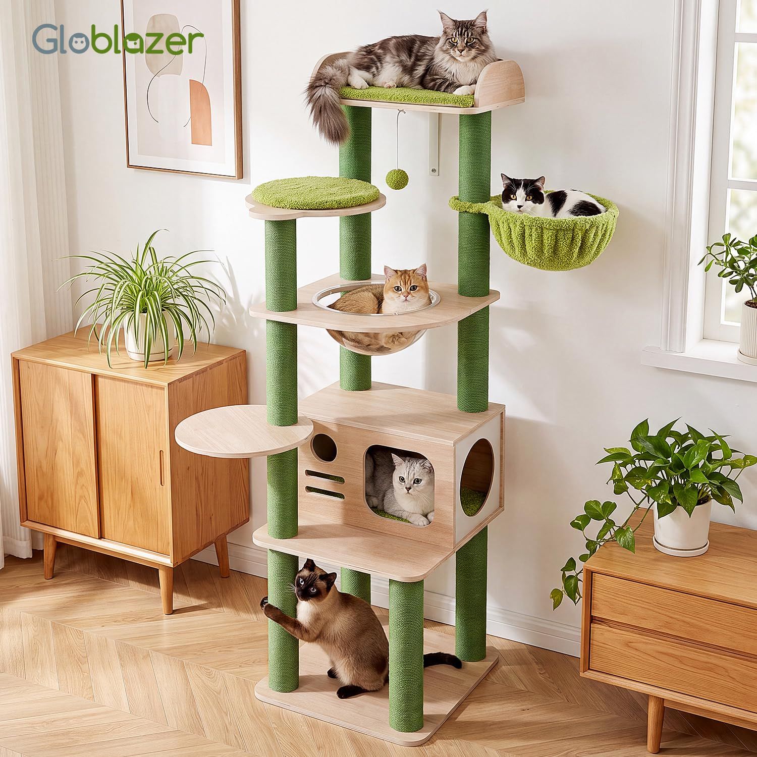 Globlazer キャットタワー 木製 高さ164cm 多頭飼い 大型猫対応 付き