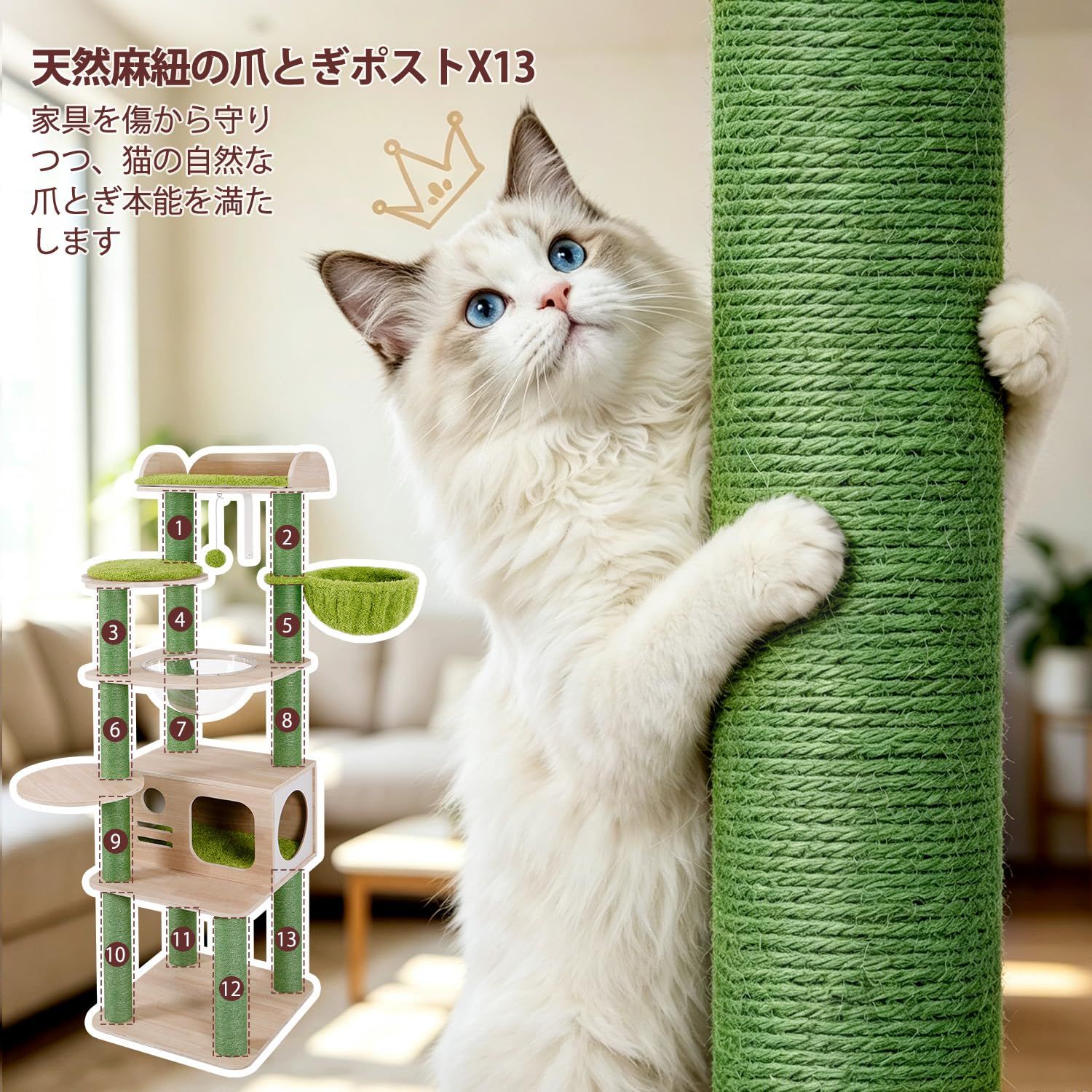 Globlazer キャットタワー 木製 高さ164cm 多頭飼い 大型猫対応 付き