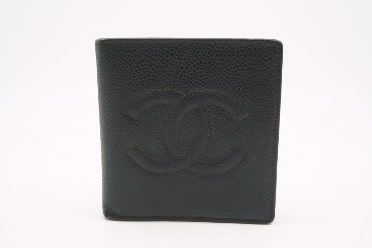 シャネル 二つ折り 財布 サイフ A13507 ココマーク Unisex キャビアスキン レザー 黒 ブラック CHANEL 7245k