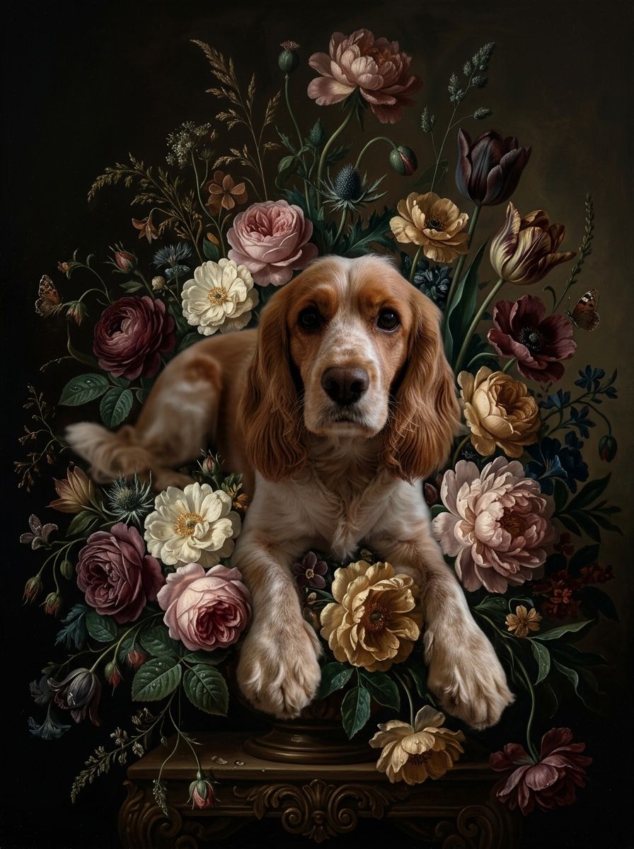 犬（コッカースパニエル）の花に囲まれた油絵風アート A3額装
