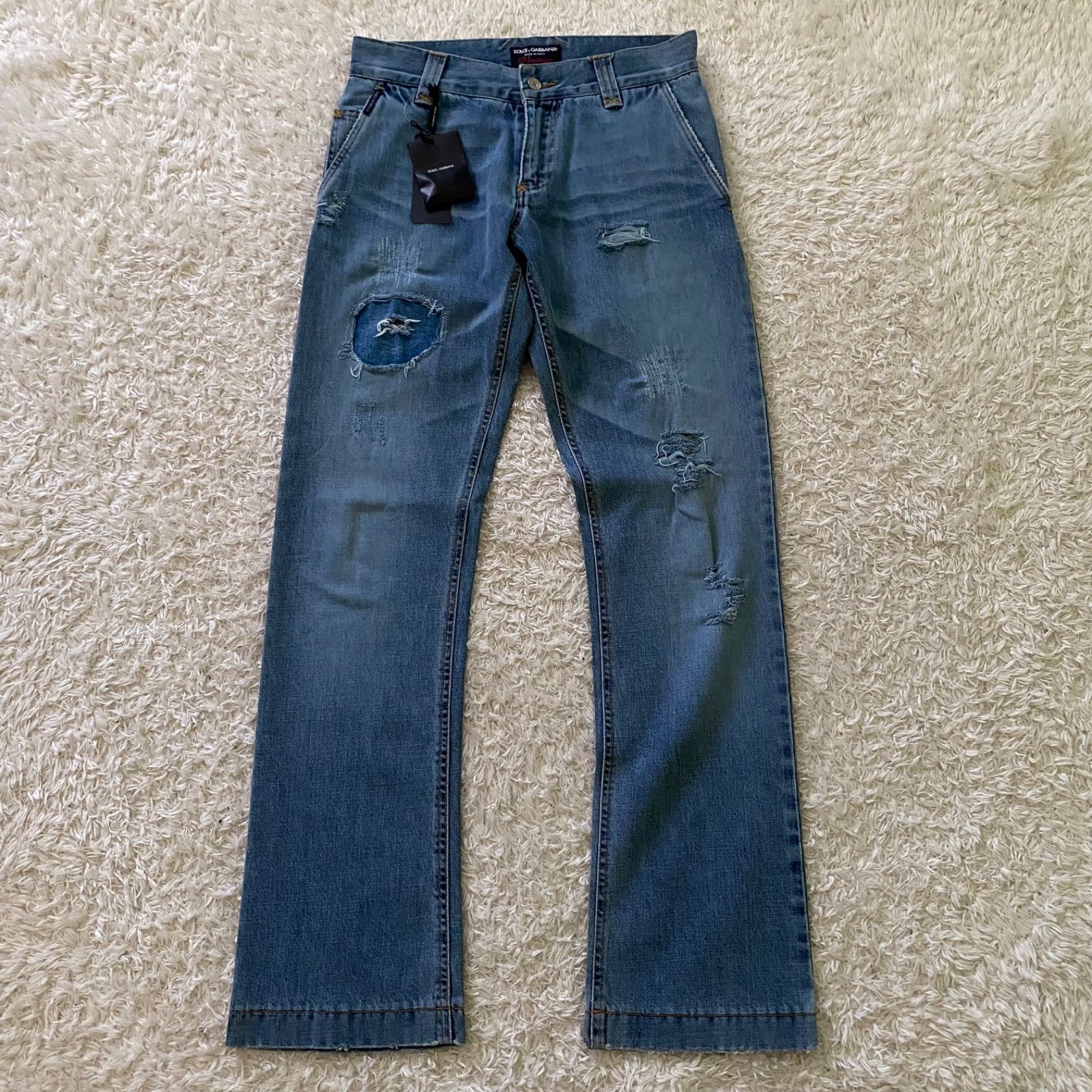 新品！DOLCE&GABBANA vintage ドルガバ　ダメージ加工　デニムパンツ　ブーツカット　プレートロゴ　サイズ46