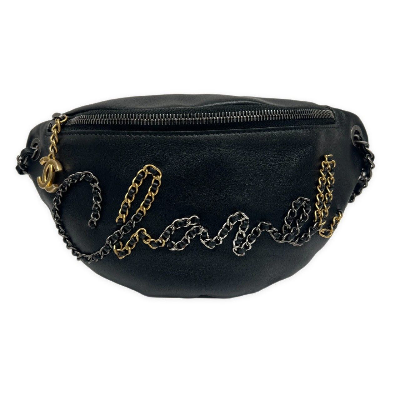 S*7様 CHANEL ロゴ入り ブラック ボディバッグ CHANEL シャネル ウエストバッグ ボディバック チェーン SIGNE ロゴ