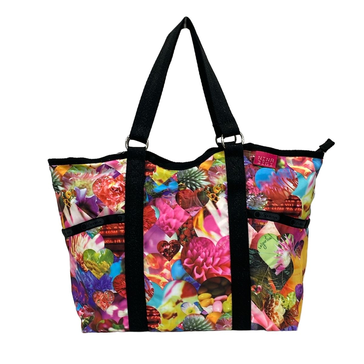 LESPORTSAC(レスポートサック) ハンドバッグ美品 - ピンク×黒×マルチ 花柄/転写