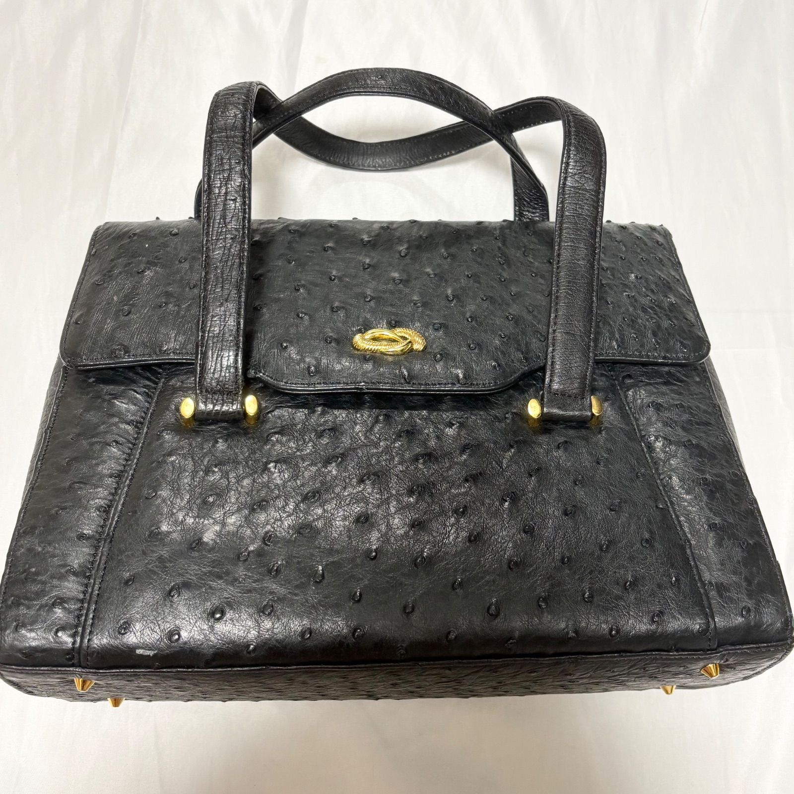 【送料無料】オーストリッチ/ハンドバッグ/ブラック/レザー/革/ゴールド金具/中古品