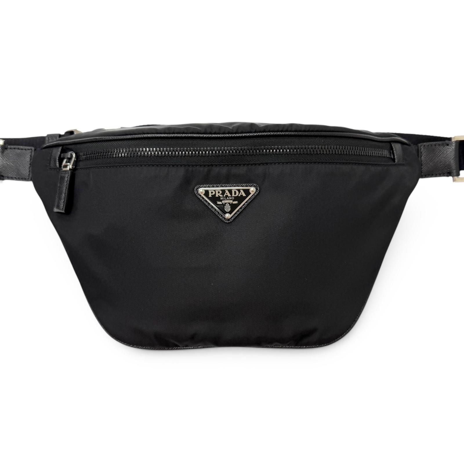 美品□PRADA プラダ 2VL033 トライアングルロゴ Re-Nylon サフィアーノレザー ボディバッグ ブラック イタリア製 メンズ 定価247500円
