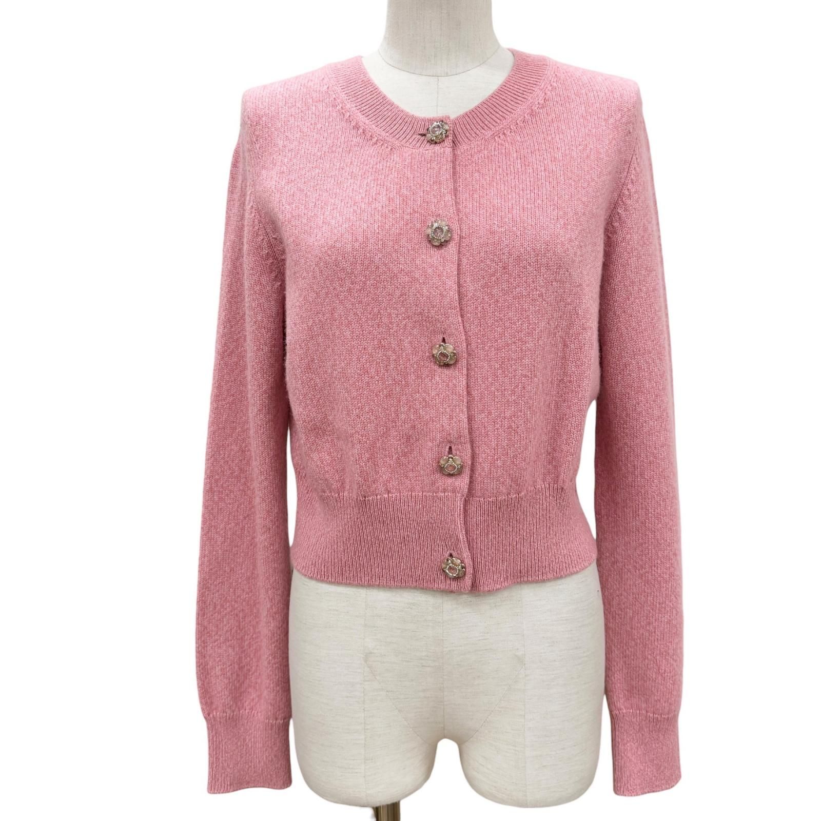 未使用品◇CHANEL シャネル P77545 カシミヤ98% グリポア風 カメリアボタン カーディガン ピンク 40 フランス製 正規品 レディース