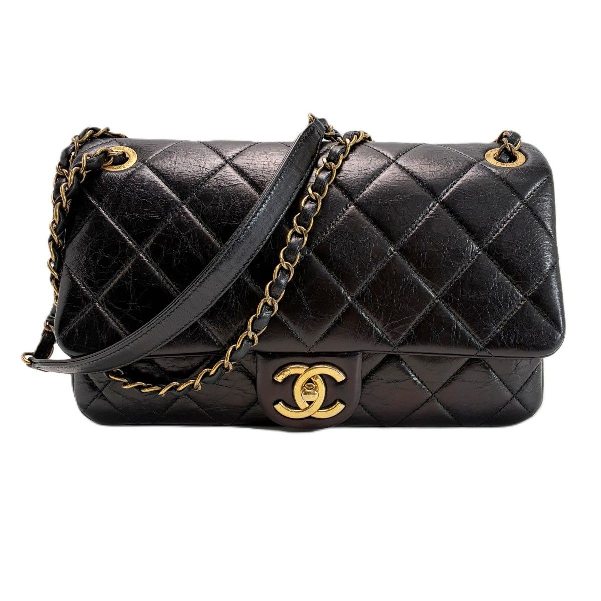 CHANEL シャネル マトラッセ シングルフラップ チェーンショルダーバッグ ブラック レザー ゴールド金具