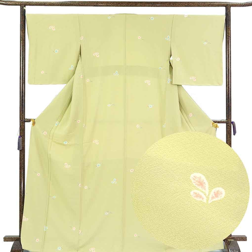 小紋 身丈170cm 裄68cm 前幅24.5cm 後幅30cm 袖丈50cm 袖幅35cm レディース 袷 花柄 裄長 裄Lサイズ 秋冬春用 正絹（シルク）グリーン トールサイズ 未使用品 リメイク リユース リサイクル【呉服のきくや】