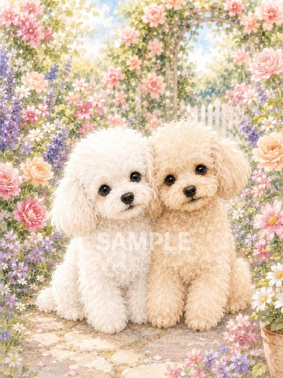 「プードルホワイトとキッチン フレンチカントリー」水彩画 原画B5相当 802 水彩画風 トイプードル アート ポスター インテリア 2Lサイズ