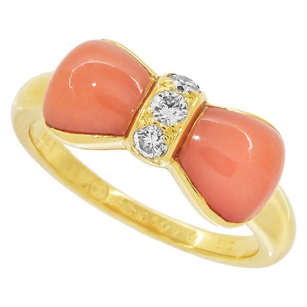 送料無料・返品可♪ヴァンクリーフ＆アーペル ヌーパピヨン サンゴ ダイヤ0.12ct リング K18YG 9号 新品仕上げ済み♪【中古】