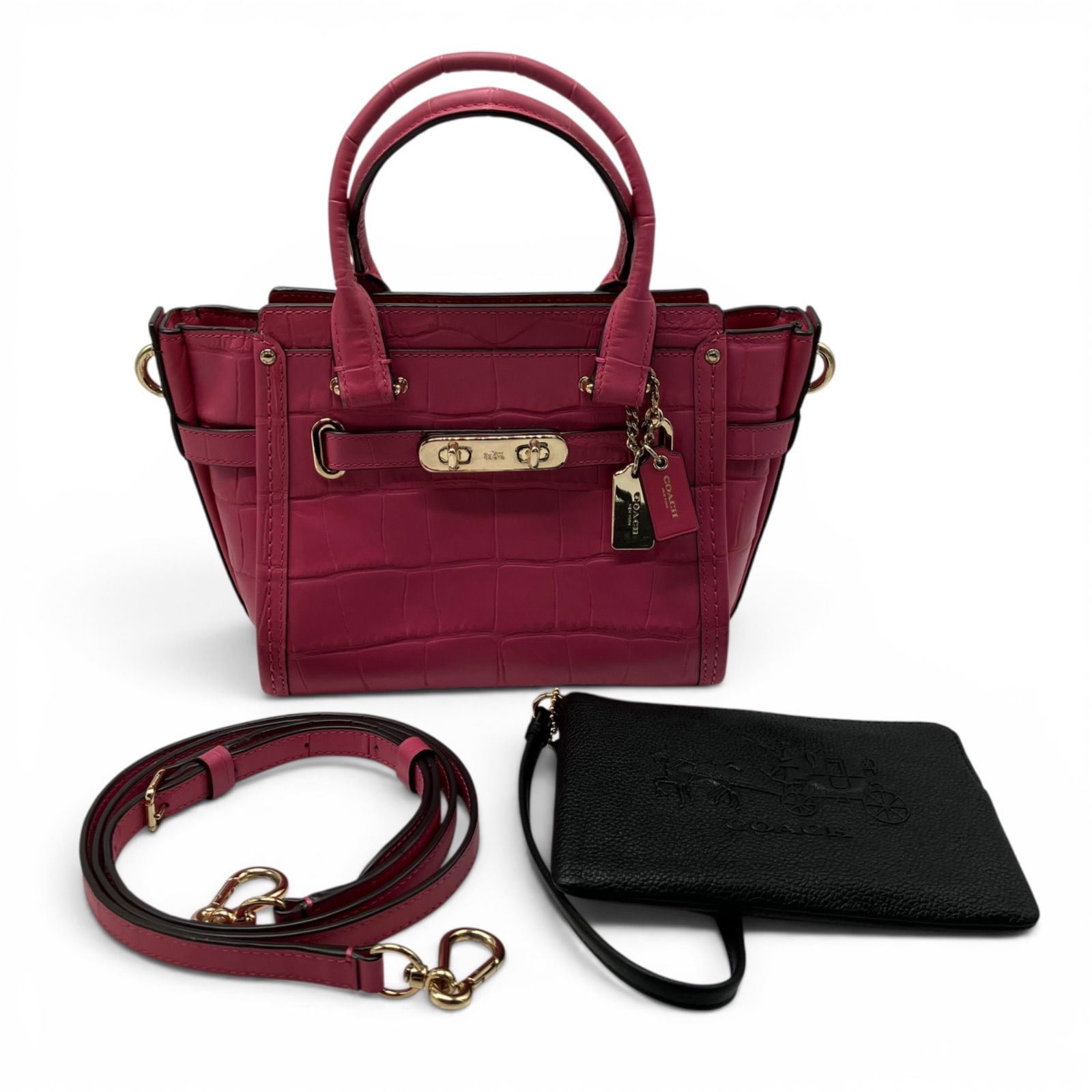 【mh/7.22/18】コーチ COACH スワッガー21 クロコ型押し レザー 2way ハンドバッグ ショルダーバッグ ピンク ダリアピンク ゴールド金具 型番37997