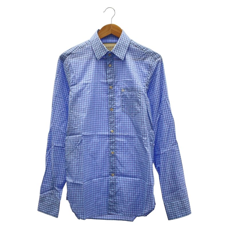 中古】GUCCI GG刺繍 チェック柄シャツ ブルー サイズ40 グッチ[24