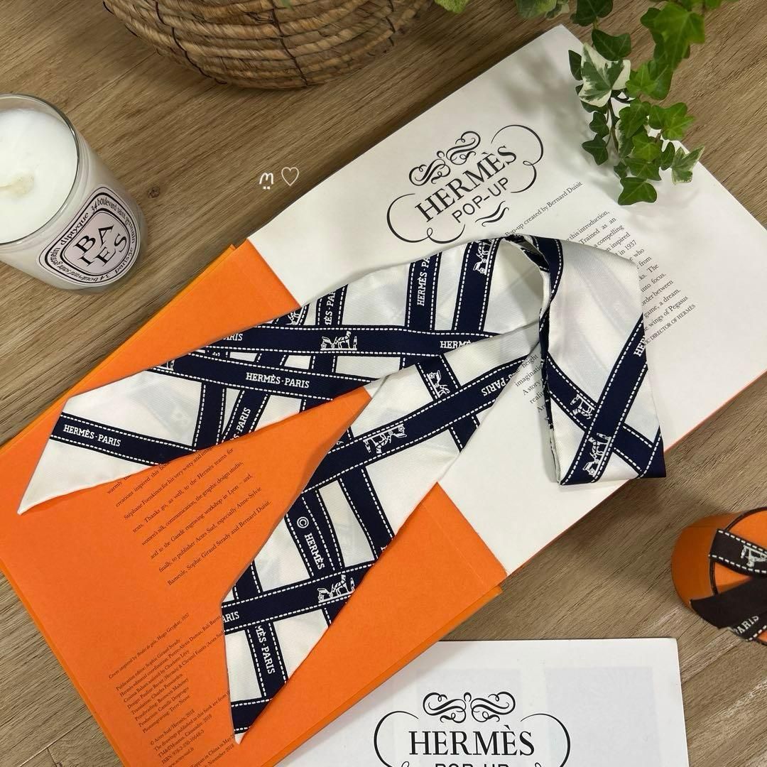 HERMES エルメス ツイリー スカーフ リボン HERMESエルメス ツイリー ボルデュックリボン ネイビーロゴリボン