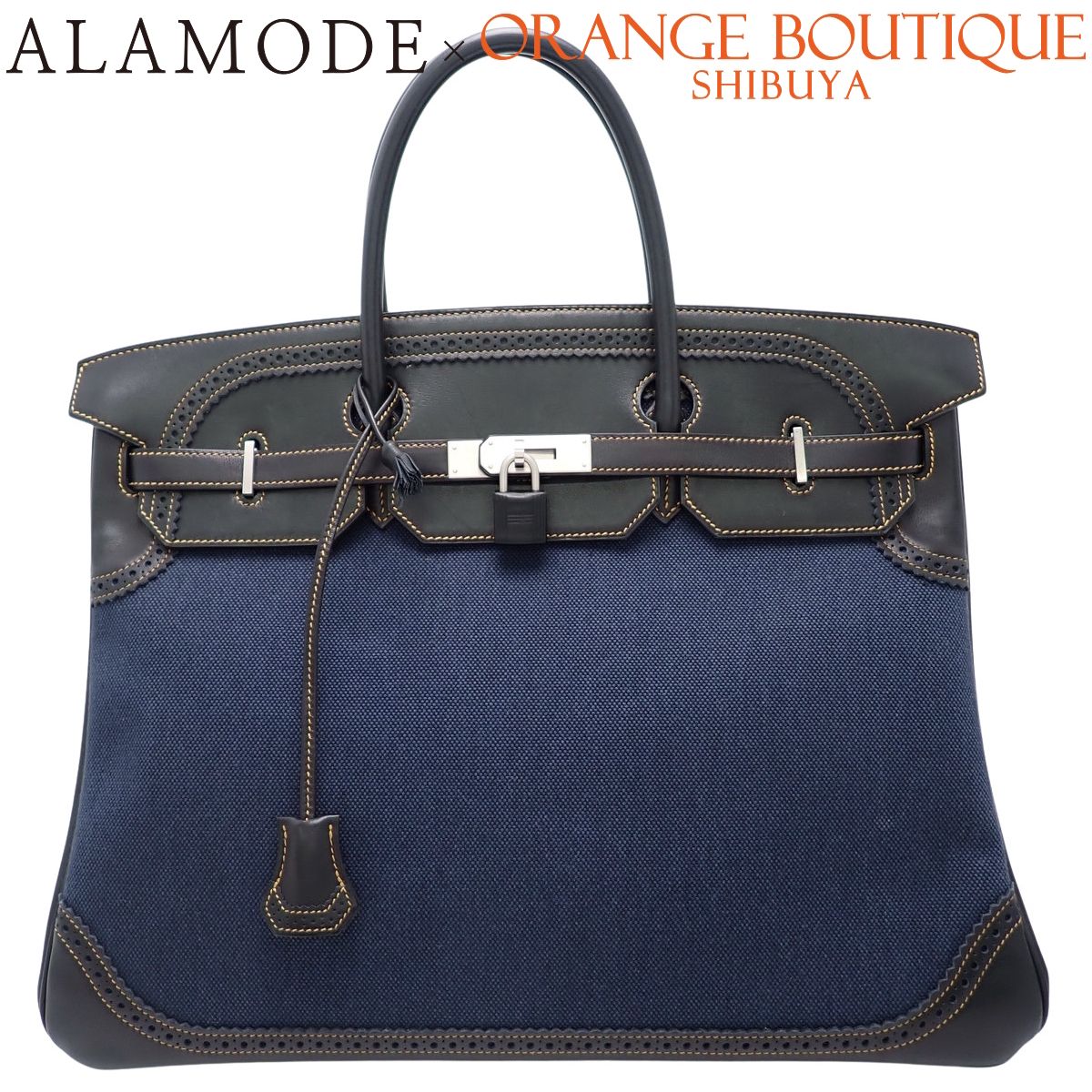 HERMES(エルメス) バーキン40 ギリーズ デニムフォンセ ブルー青 ブラック黒 エバーカーフ トワルアッシュ パラジウム金具 シルバー金具 □Q刻印 ハンドバッグ トートバッグ レディース 40802210118【中古】【アラモード】