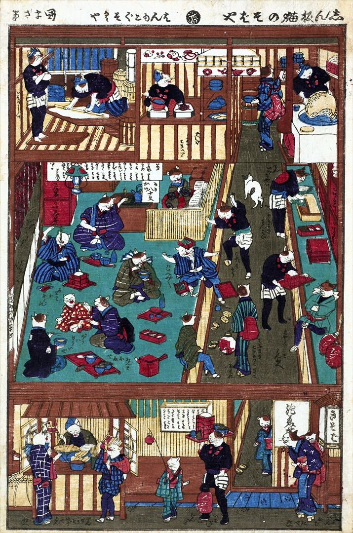 三代歌川国貞 四代歌川国政 志ん板 猫のそばや 約38×25.1cm 【追跡あり