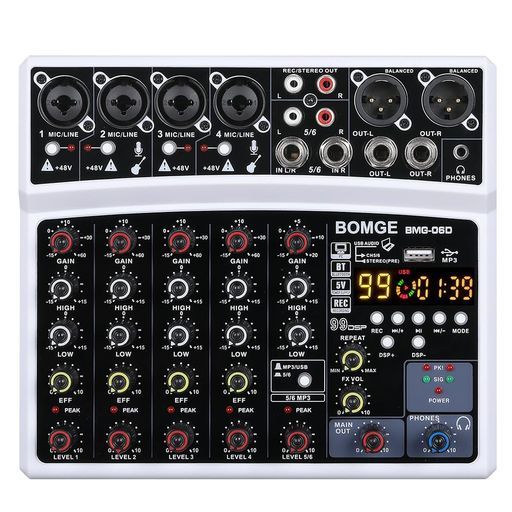 BOMGE 6チャンネルdjオーディオミキサー、MP3 USB Bluetooth、48Vファンタム電源、5V電源、99 DSPエコーエフェクトミキサ