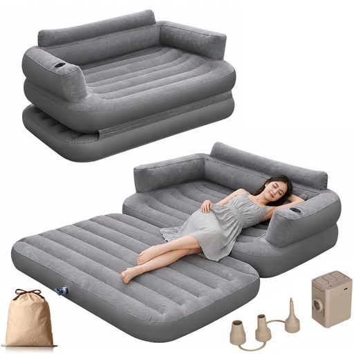 エアソファ エアーベッド 折りたたみ ソファベッド 空気ソファ ダブル 二人用 グレー 142x192x60cm 空気入れ付き 二重バルブ 簡単設営