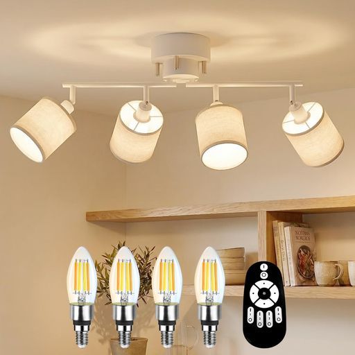 ANWIO シーリングライト 4灯 600lm 調光調色 リモコン付き スポットライト 50W型相当 LED電球付き ペンダントライト 木綿布製シェー