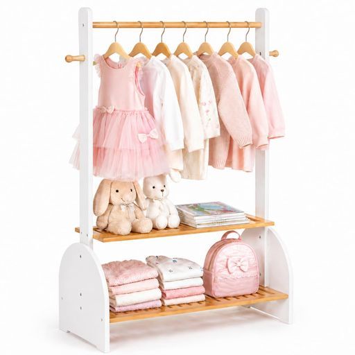 BAMBOOHOMIE キッズ ハンガーラック 子供用 高さ調節可能 2段棚付き 衣類収納 竹製 かわいい 洋服 おもちゃ キッズ服 犬 猫 ペット服