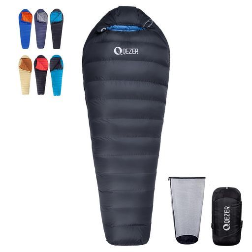 QEZER 寝袋 ダウン マミー型 600FP 四季対応 オールシーズン 快適温度-24°C~20°C 超軽量 コンパクト 収納ケース付き 連結可能