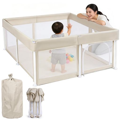 BQKOZFIN ベビーサークル 125x125x67cm コンパクト 折りたたみ可能 扉付き 大型 baby playpen プレイヤード 滑り止め
