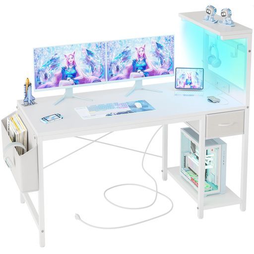 TIQLAB LEDゲーミングデスク 120x50cm 電源コンセント付き パソコンデスク 大型収納棚 引き出し付き 多機能デスク サイドポケット 2