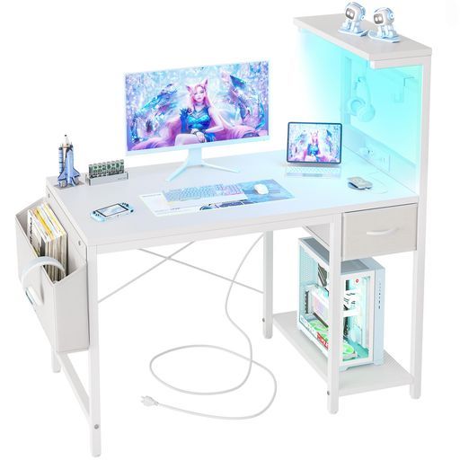 TIQLAB LEDゲーミングデスク 100x50cm 電源コンセント付き パソコンデスク 大型収納棚 引き出し付き 多機能デスク サイドポケット 2
