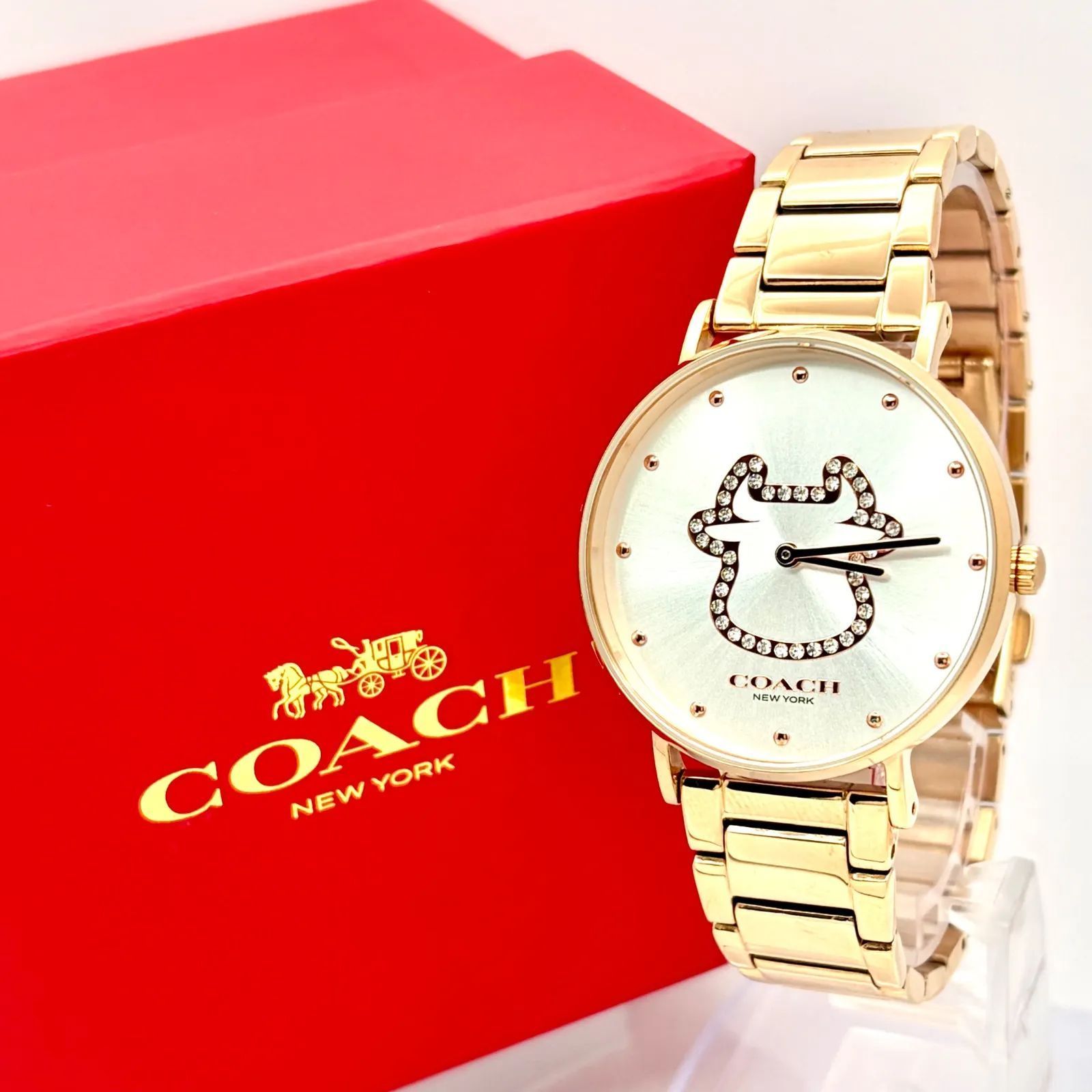 【未使用/新品電池】COACH コーチ ペリー cow 牛 レディース 腕時計 ピンクゴールド ラインストーン CA.126.7.34.1911
