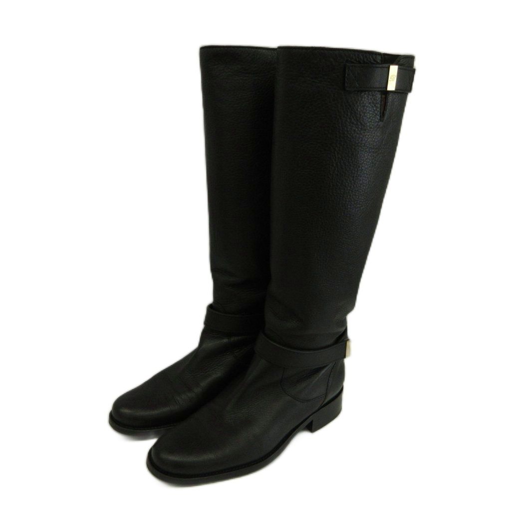 ブルマリン Blumarine ロングブーツ ジョッキーブーツ グレインレザー ゴールド金具 36 23cm 黒 ブラック /XZ ■GY19